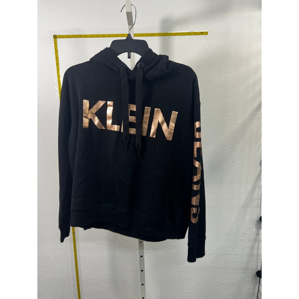 Calvin Klein Jeans Womens Black Hoodie Rose Gold Logo Pullover Sweatshirt Size M